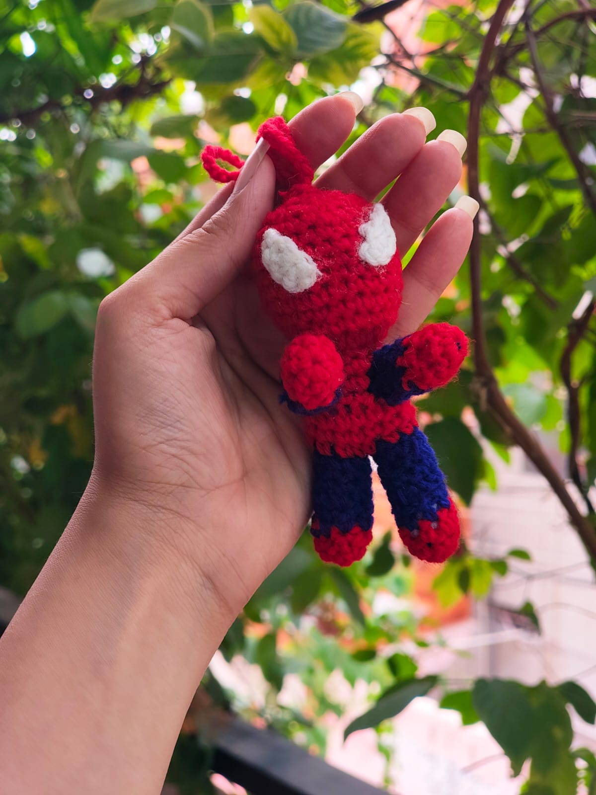 Handmade crochet Spider-Man keychain, red blue superhero bag charm India
