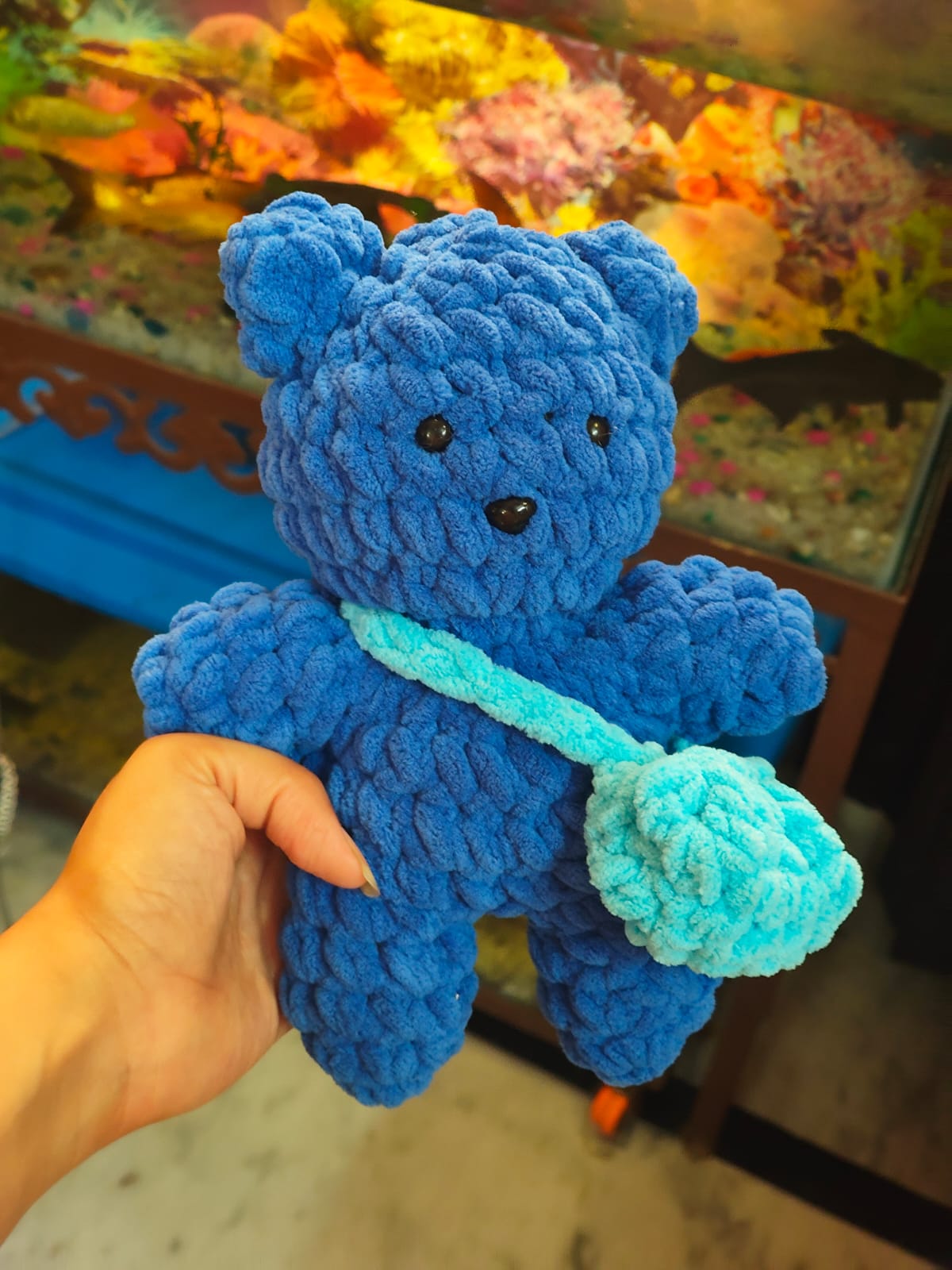 Handmade crochet teddy bear plush with crochet sling bag for nursery décor and unique handmade gifts.