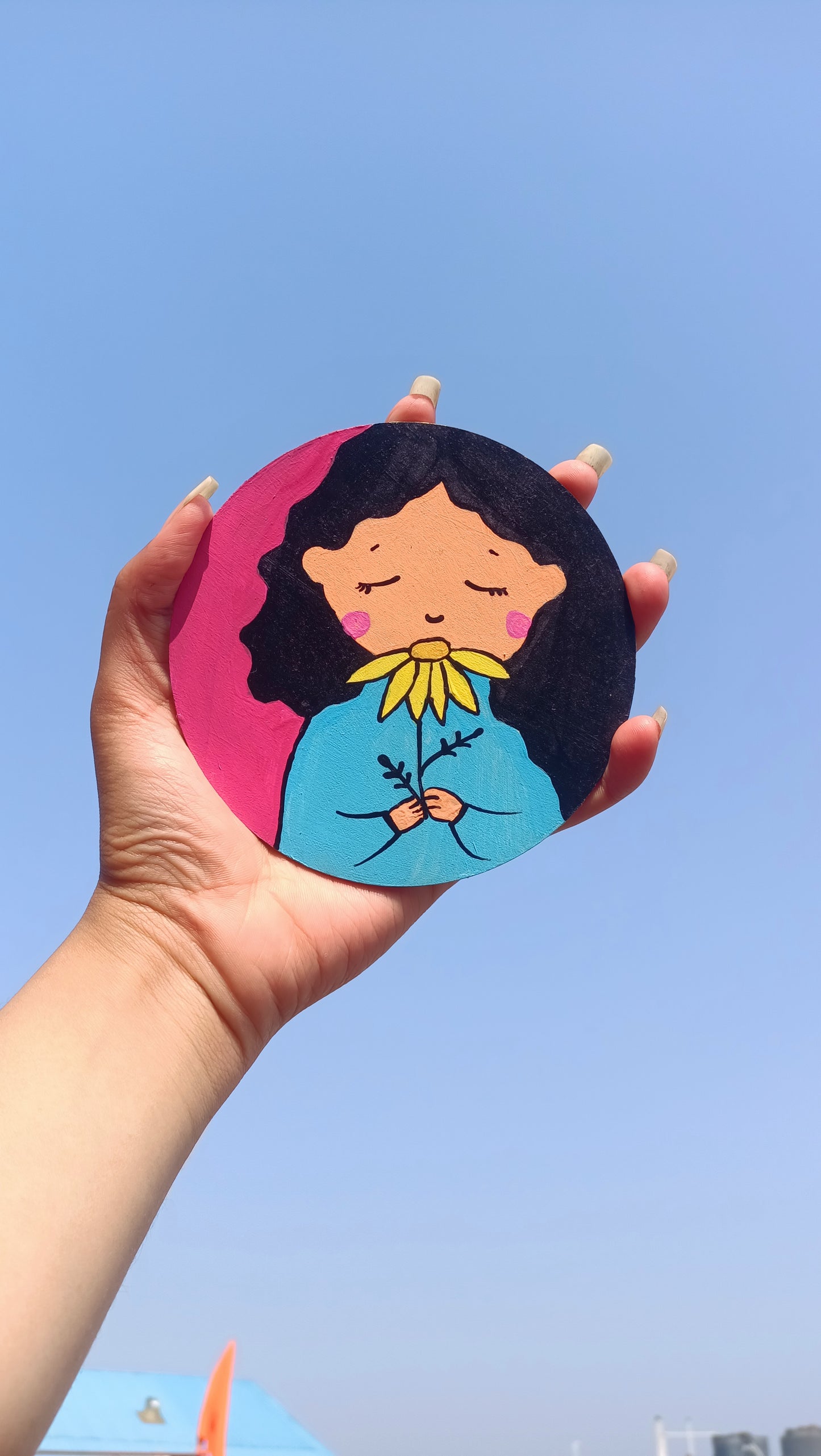  Hand-painted calm girl fridge magnet, cute illustrated handmade kitchen decor India