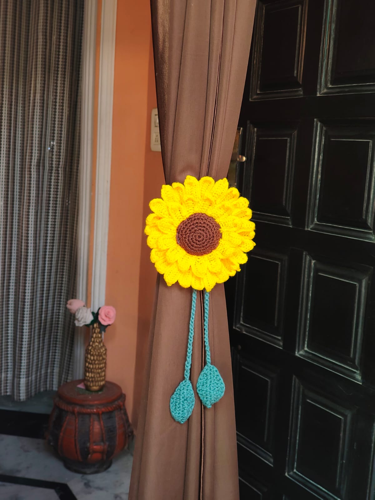 Bright yellow handmade crochet sunflower curtain tie, boho floral holdback India