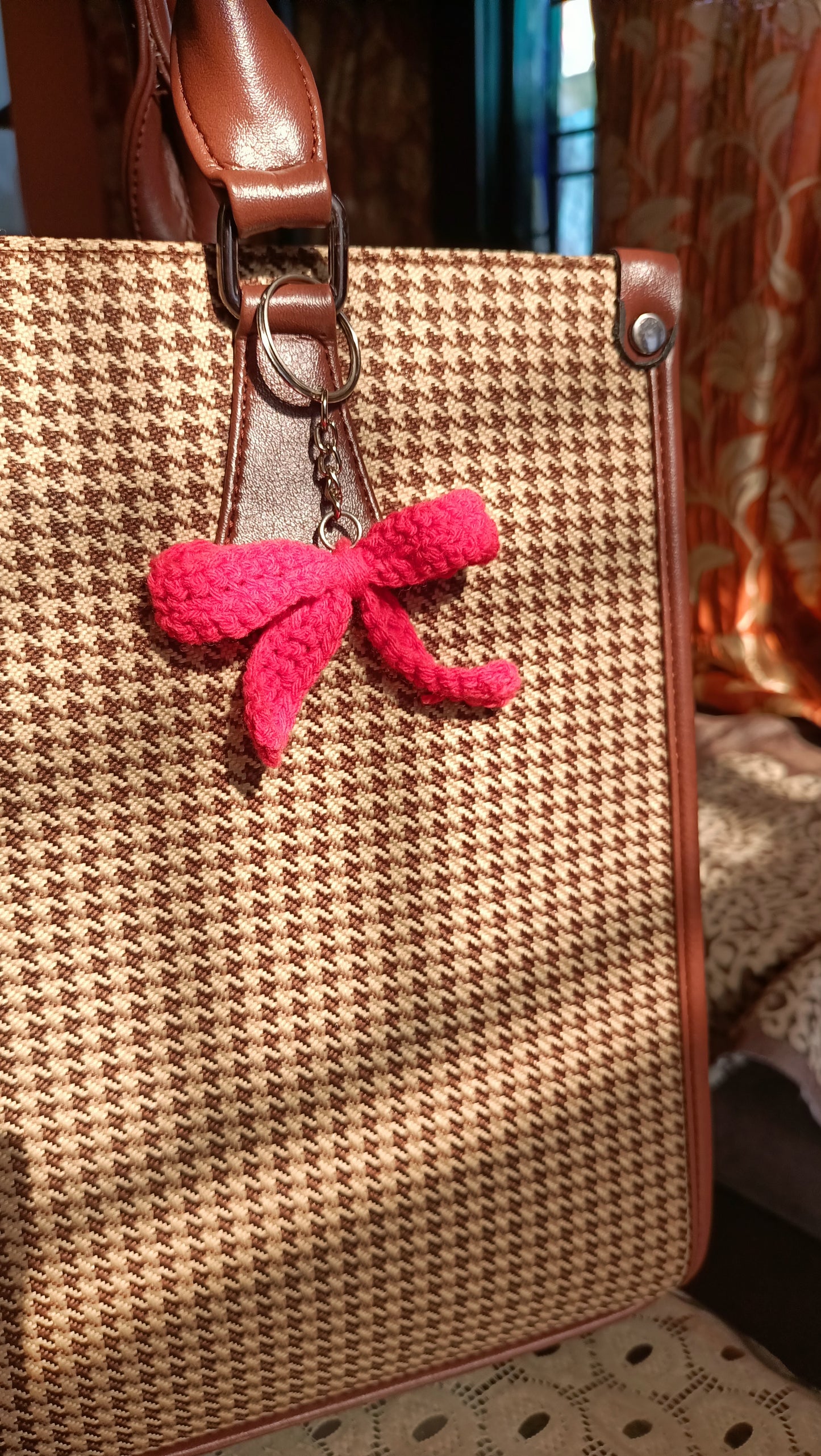 Handmade crochet bow keychain in soft yarn, cute bag charm accessory India