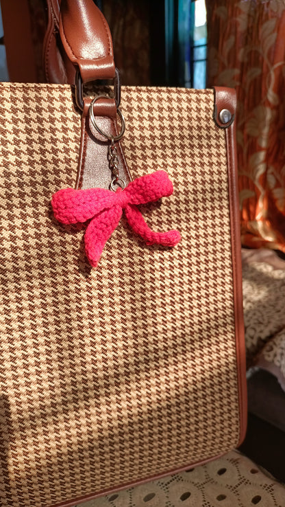 Handmade crochet bow keychain in soft yarn, cute bag charm accessory India