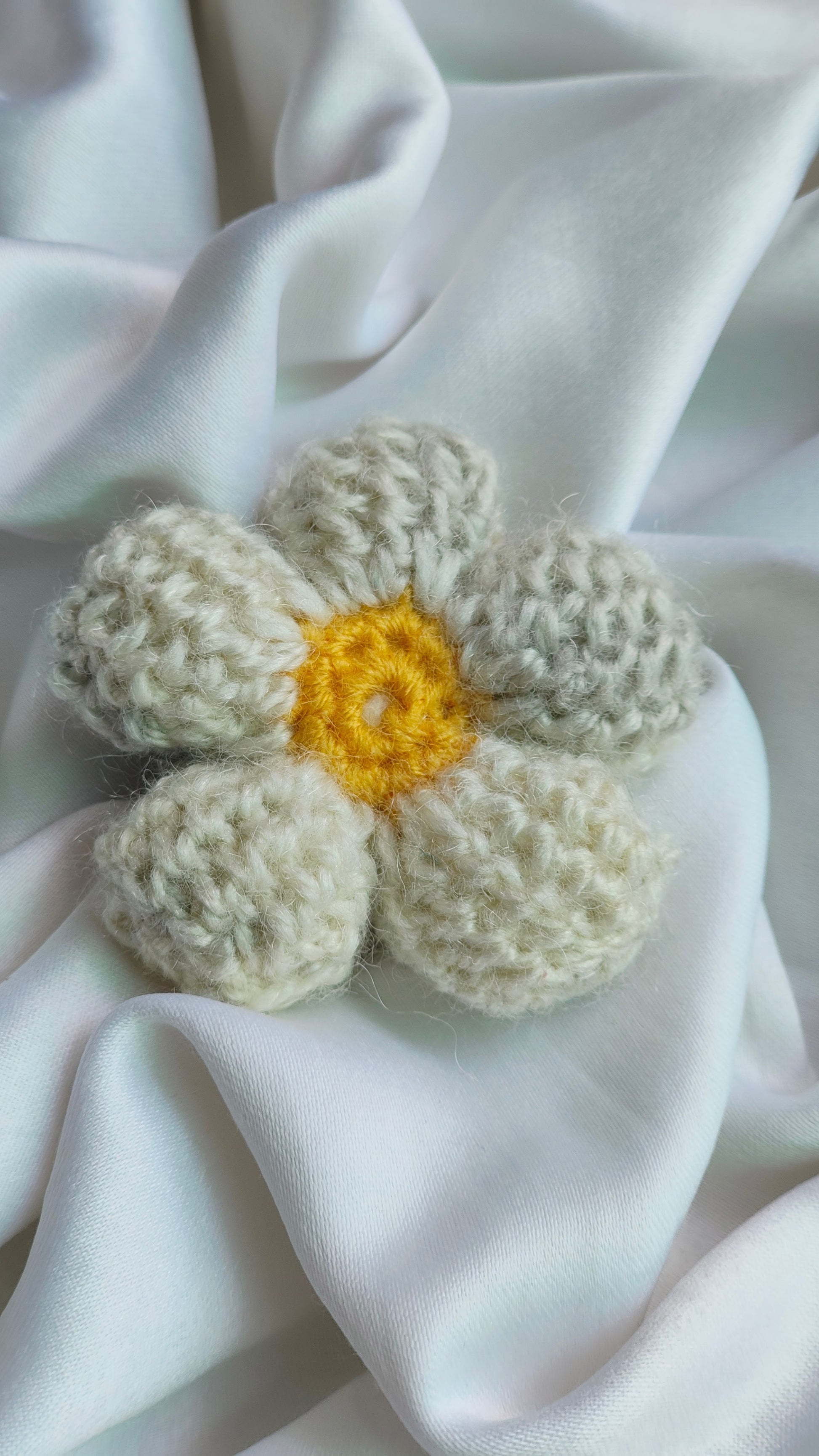 Crocheted white flower with a yellow center  daisy hair clip 