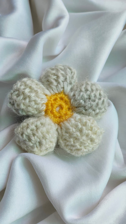 Crocheted white flower with a yellow center  daisy hair clip 