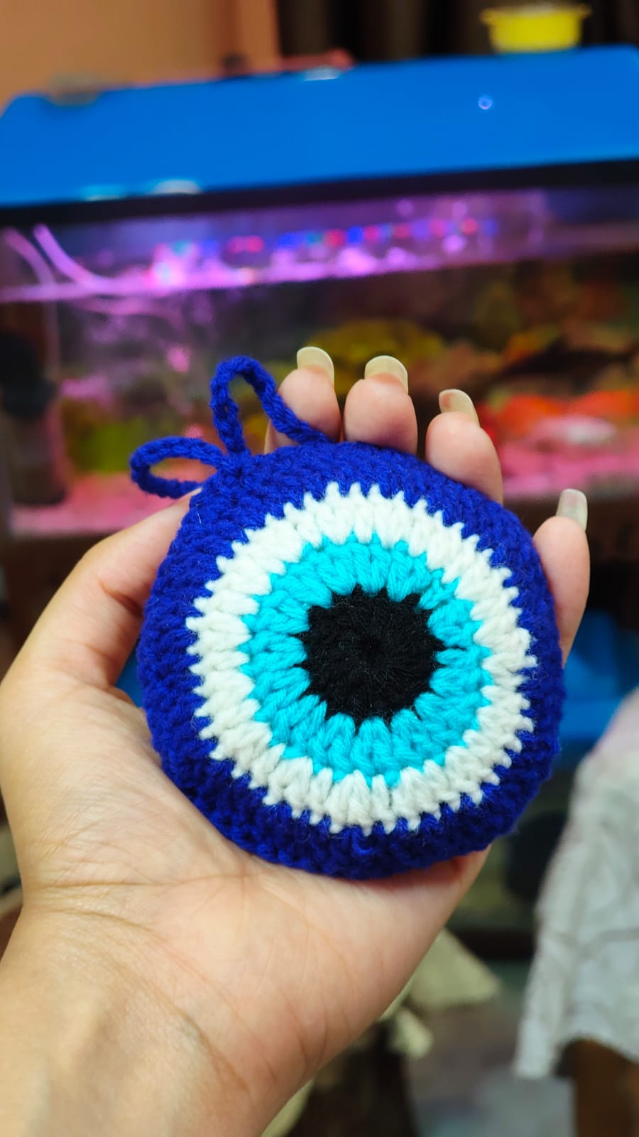 Blue evil eye crochet keychain handmade, unique boho bag charm gift India