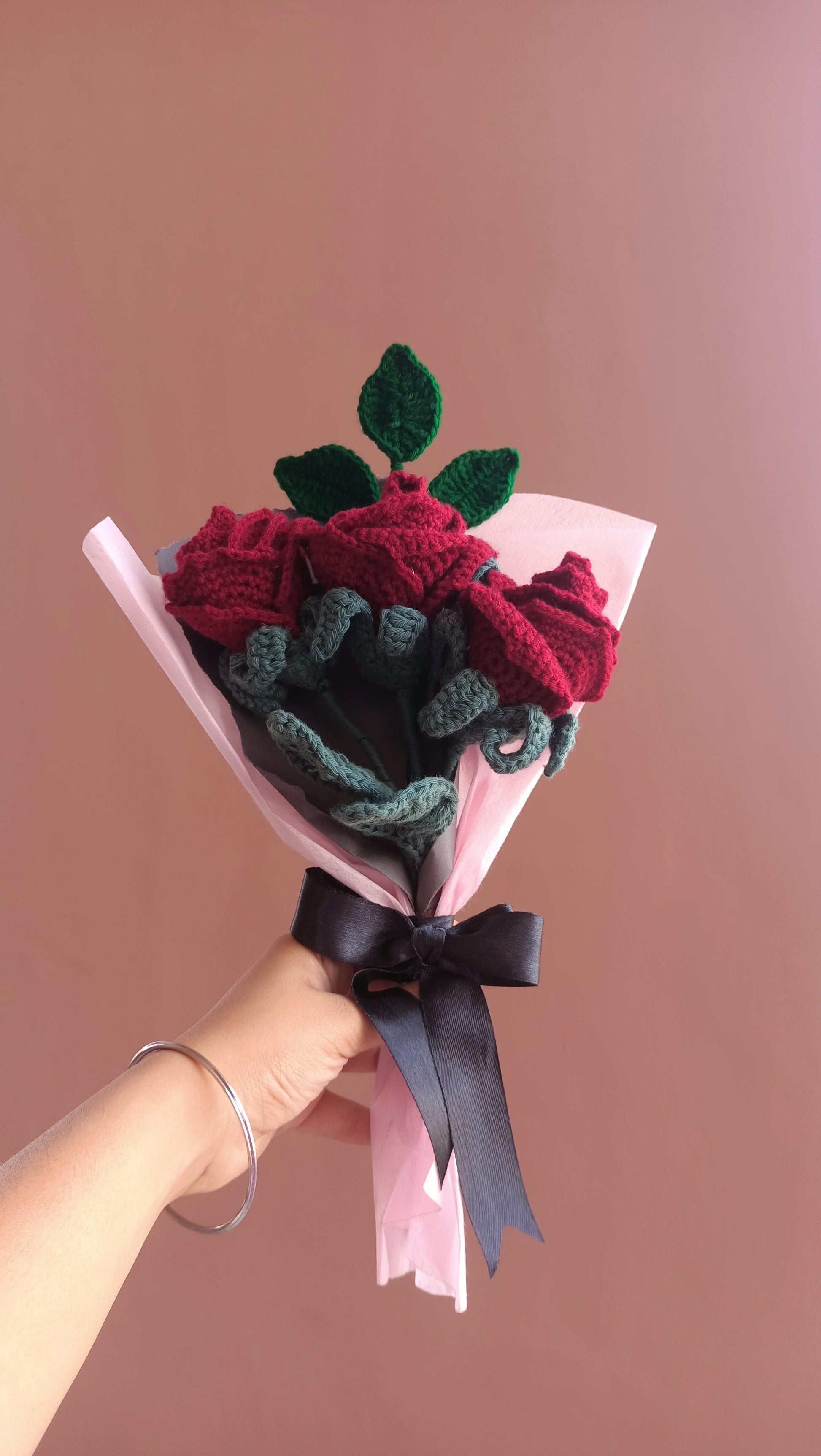 Red handmade crochet forever rose bouquet, romantic eternal flower gift India