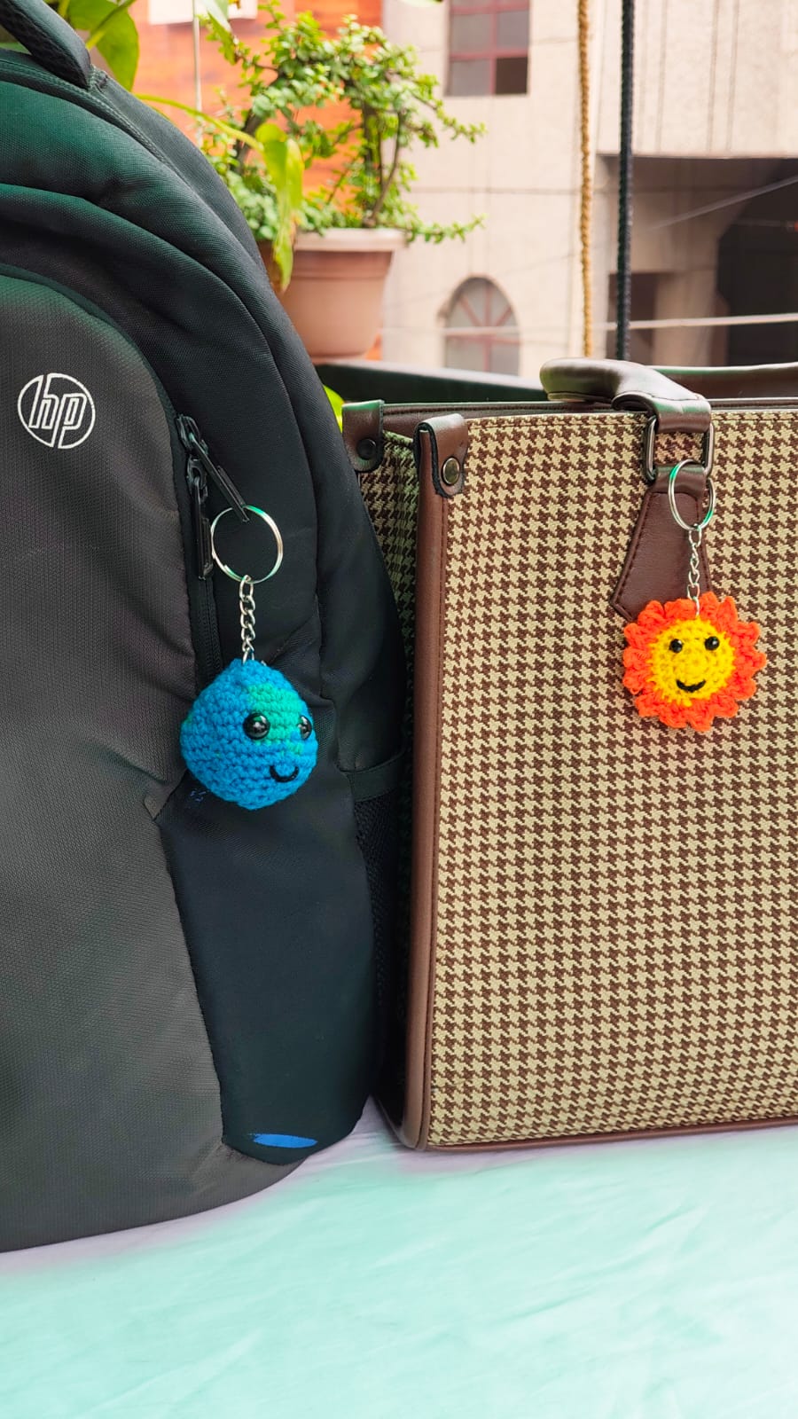 Handmade crochet Earth and Sun keychain set, unique planet bag charm gift India