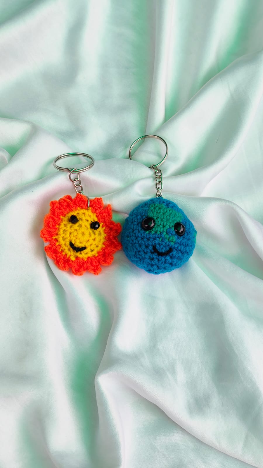 Crochet Earth and Sun keychain set handmade in yarn, space themed gift India