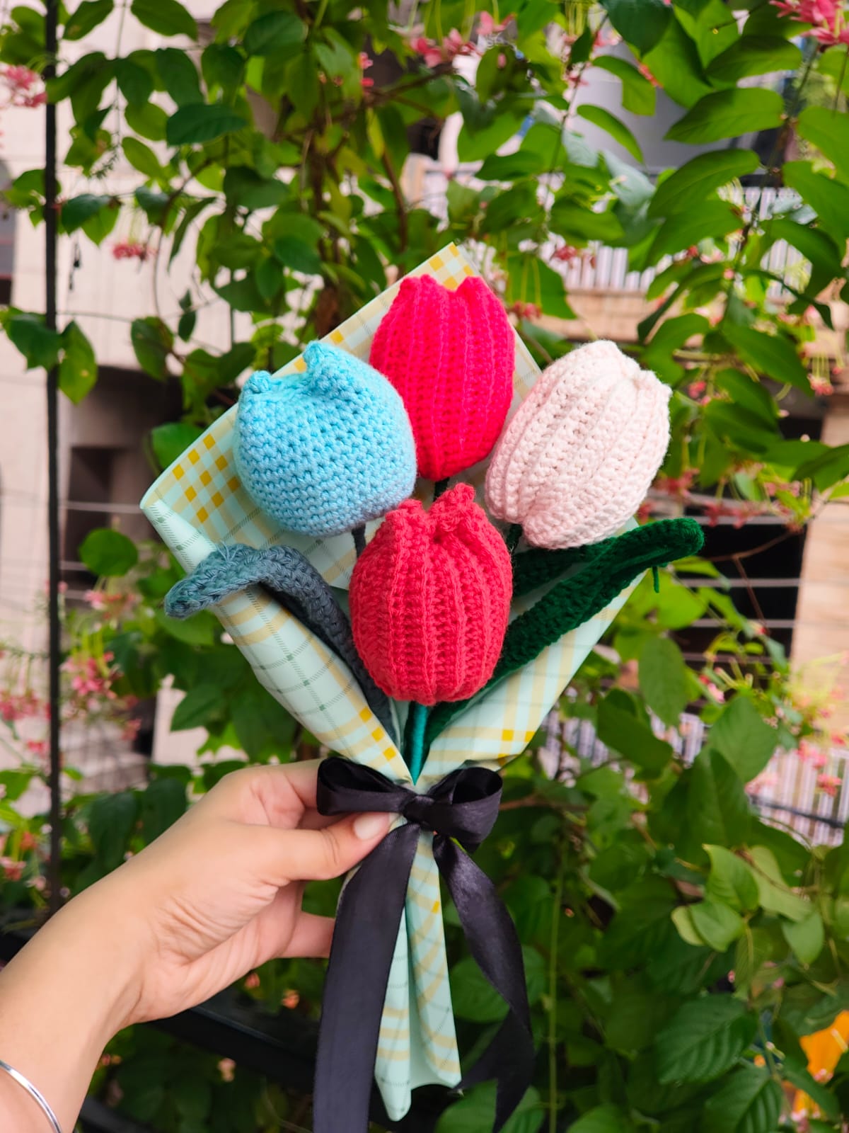 Handmade crochet tulip bouquet, colorful forever flower arrangement gift India