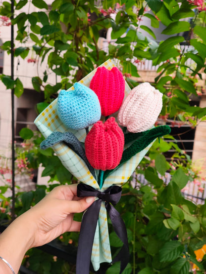 Handmade crochet tulip bouquet, colorful forever flower arrangement gift India