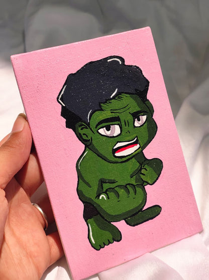 Handmade Hulk canvas painting with ghibi artwork on a pink background, acrylic superhero wall art perfect for Marvel collectors and comic-themed décor.