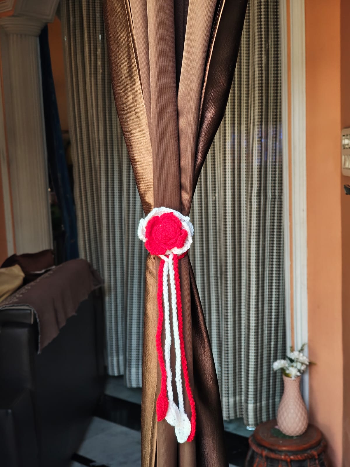 Handmade crochet flower curtain tie love design, boho floral home decor India
