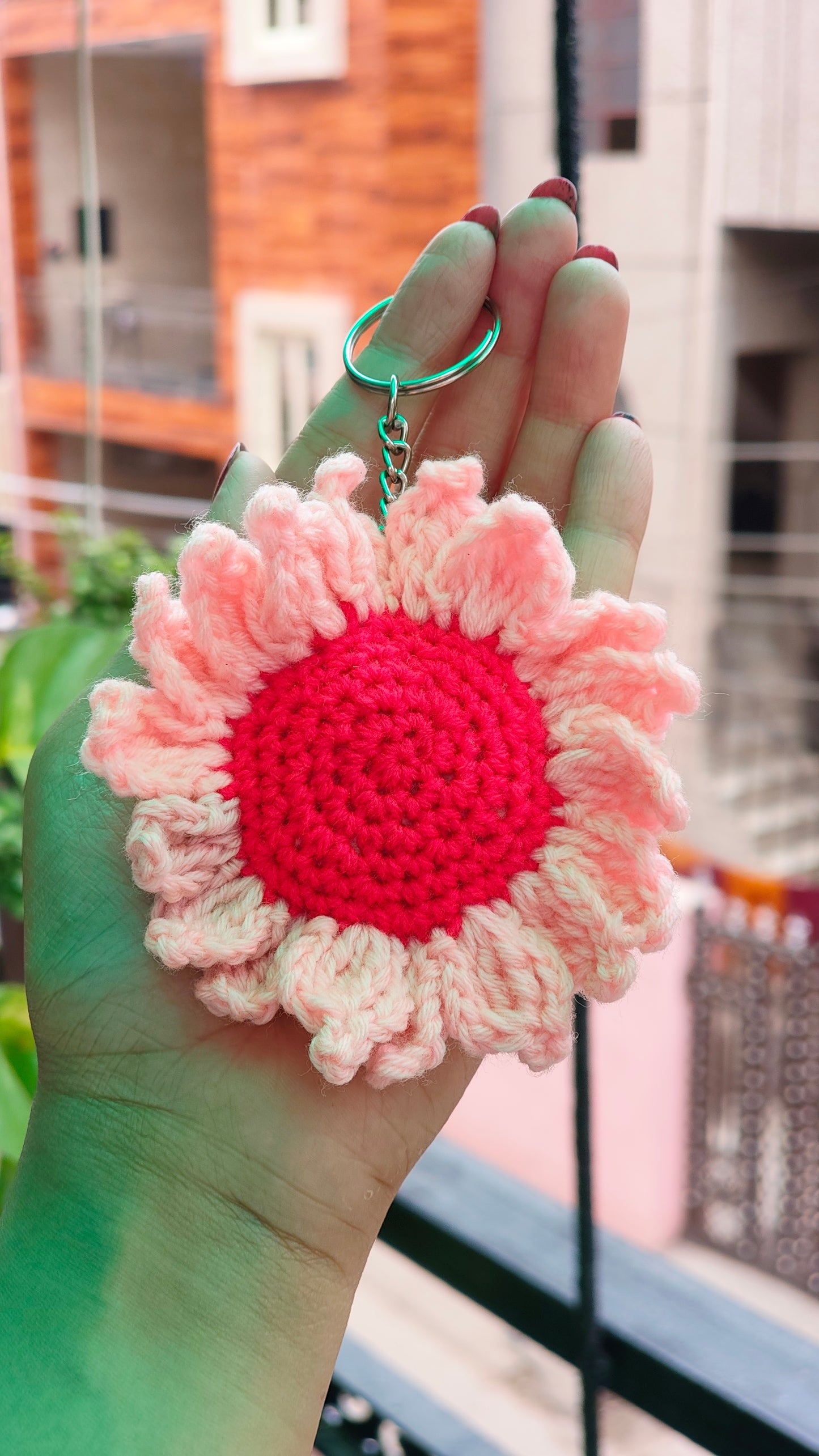 Handmade crochet flower keychain love in air design, cute floral bag charm India