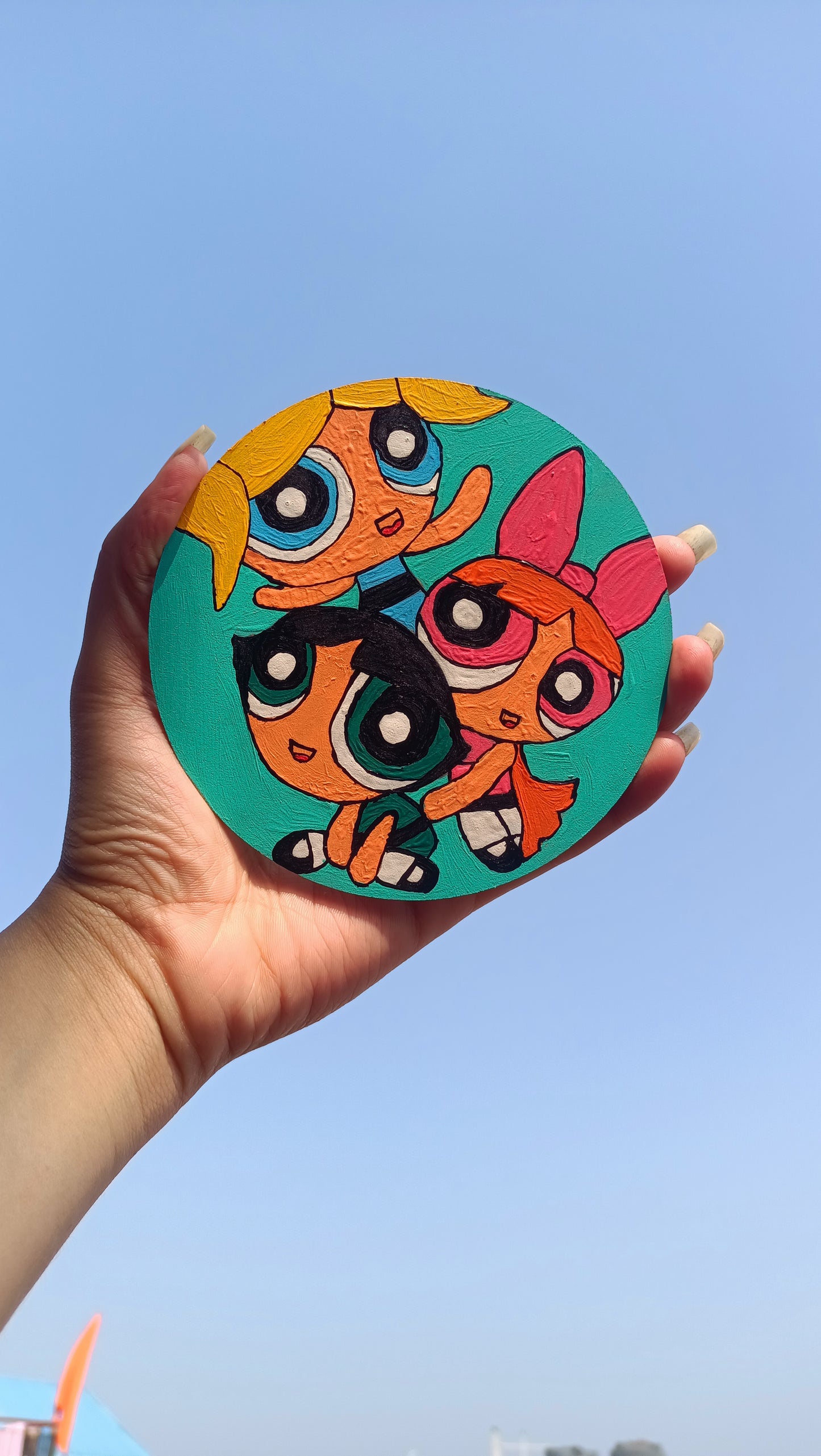 Hand-painted PowerPuff Girls fridge magnet, colorful cartoon kitchen decor gift India
