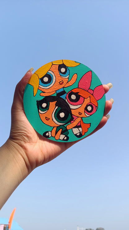 Hand-painted PowerPuff Girls fridge magnet, colorful cartoon kitchen decor gift India
