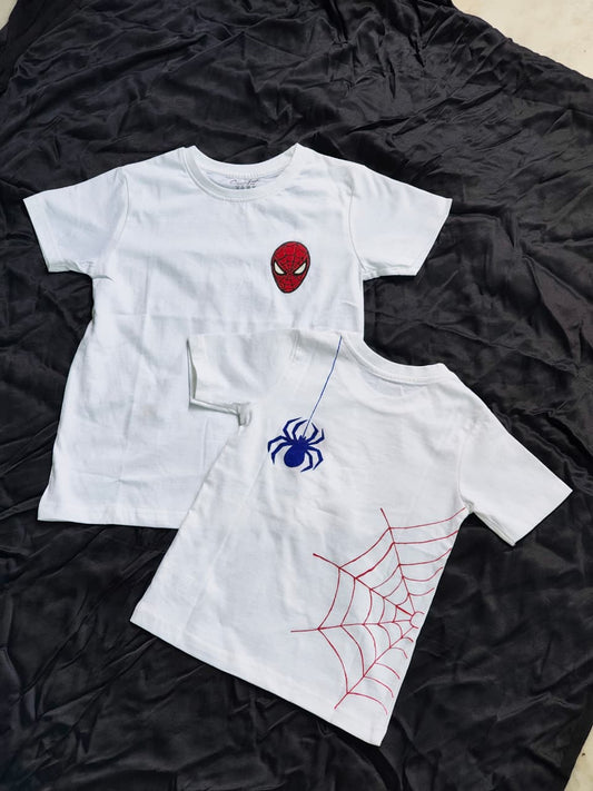 hand-painted Spider-Man kids T-shirt featuring a Spider-Man mask on the front and a spider web design on the back, handmade cotton superhero apparel.