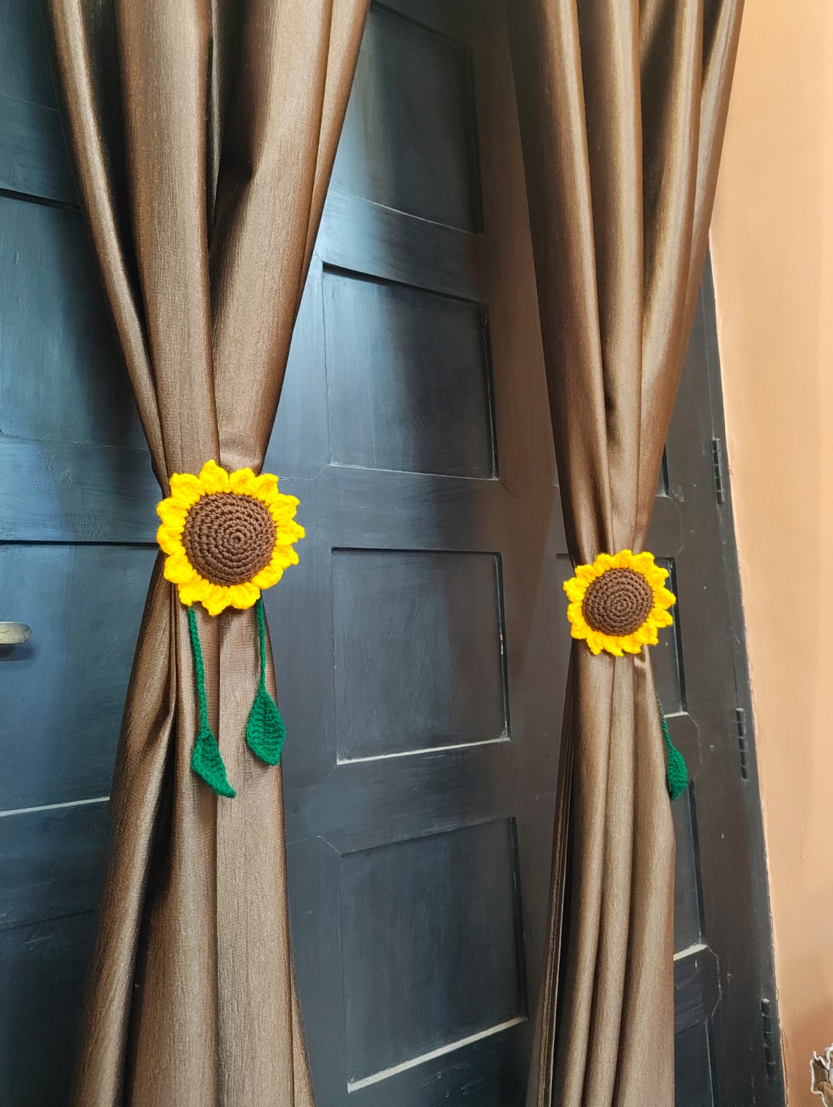 Handmade crochet sunflower curtain tie back, bright yellow floral home decor India