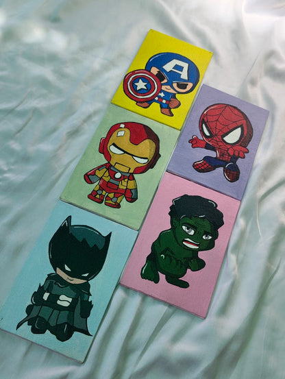 Colorful handmade superhero canvas paintings with Spider-Man, Captain America, Batman, Hulk, and Iron Man, perfect for superhero wall art and home decor.