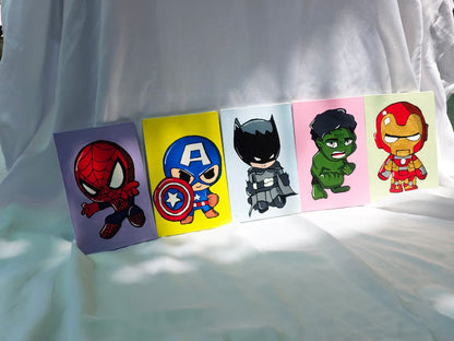 Hand-painted superhero canvas set featuring Spider-Man, Captain America, Batman, Hulk, and Iron Man artwork for kids room wall decor.