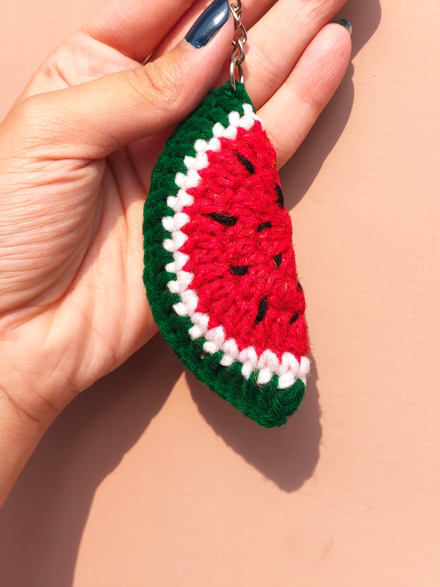 Handmade crochet watermelon keychain, green and red fruit bag charm India