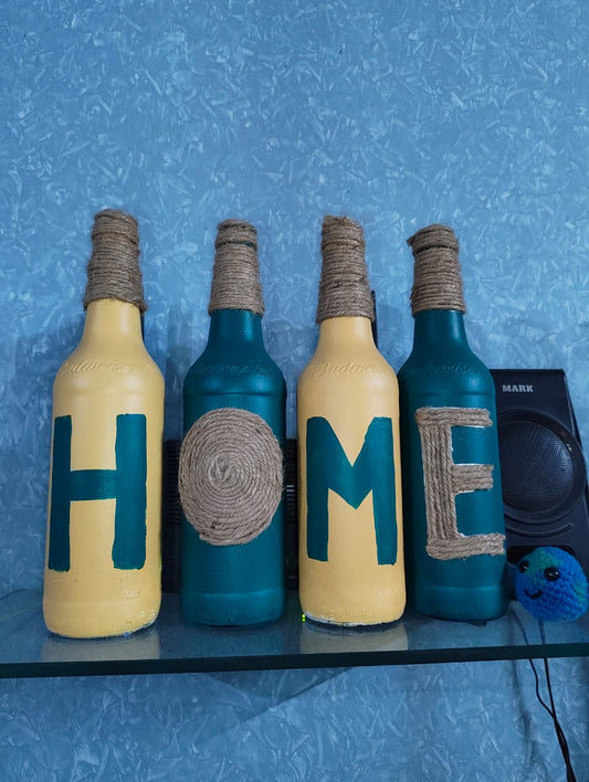 Set of 4 Hand-Painted Decorative Bottles – “HOME” Theme