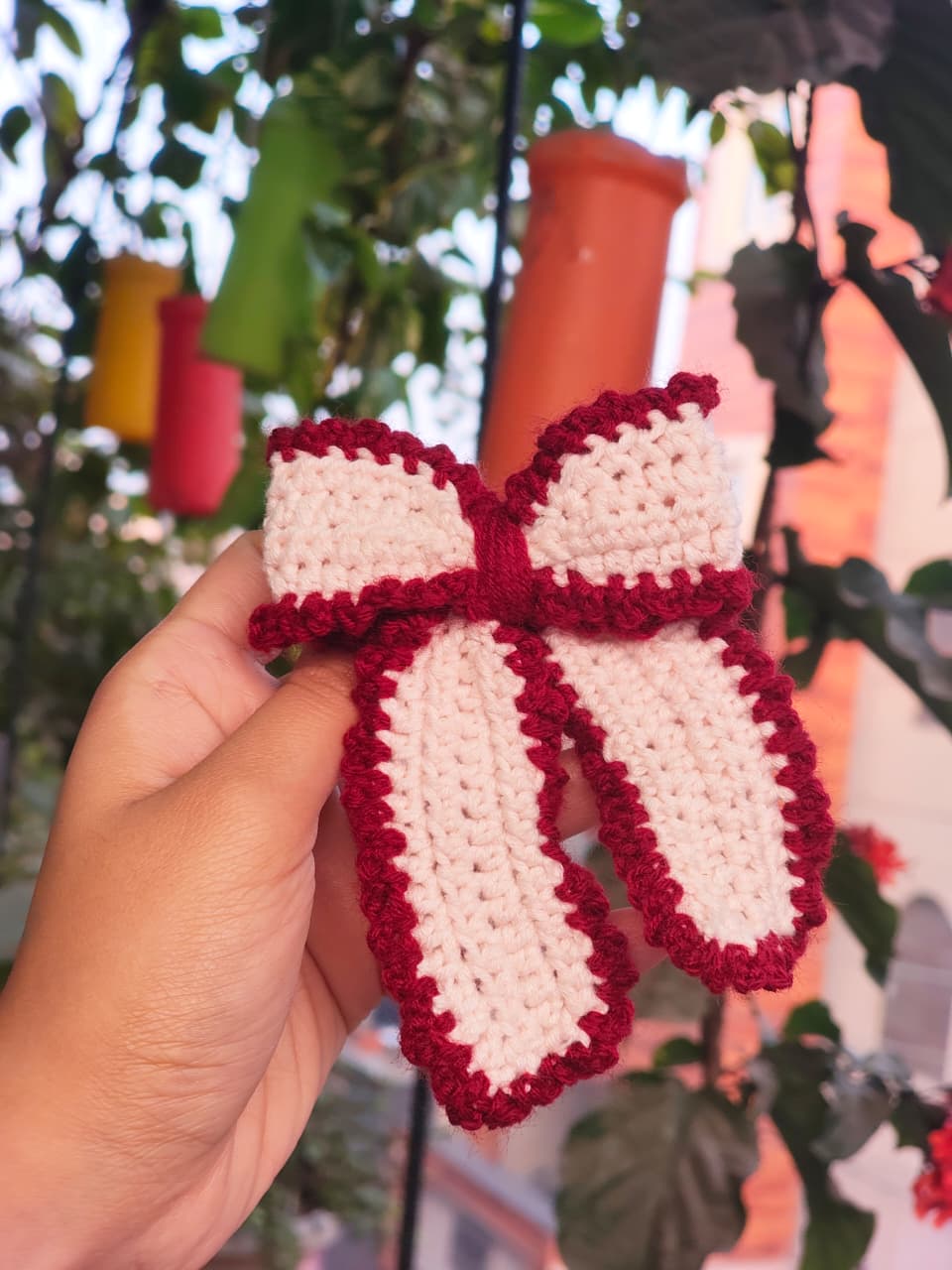 Berry Cream Crochet Bow Clip