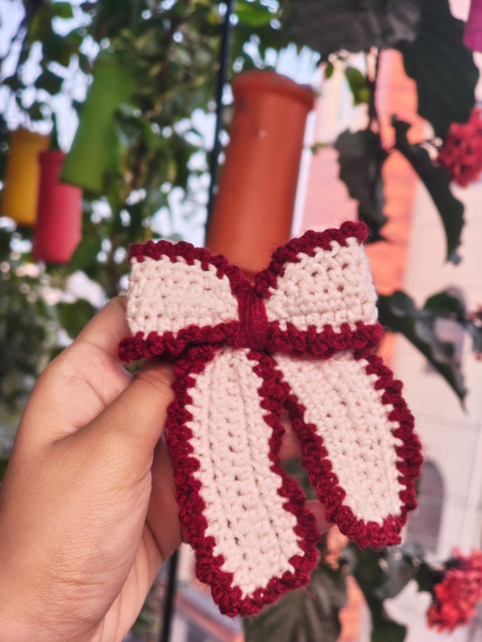Berry Cream Crochet Bow Clip
