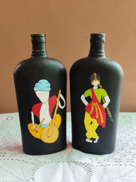 Folk Art Hand-Painted Bottle Set of 2