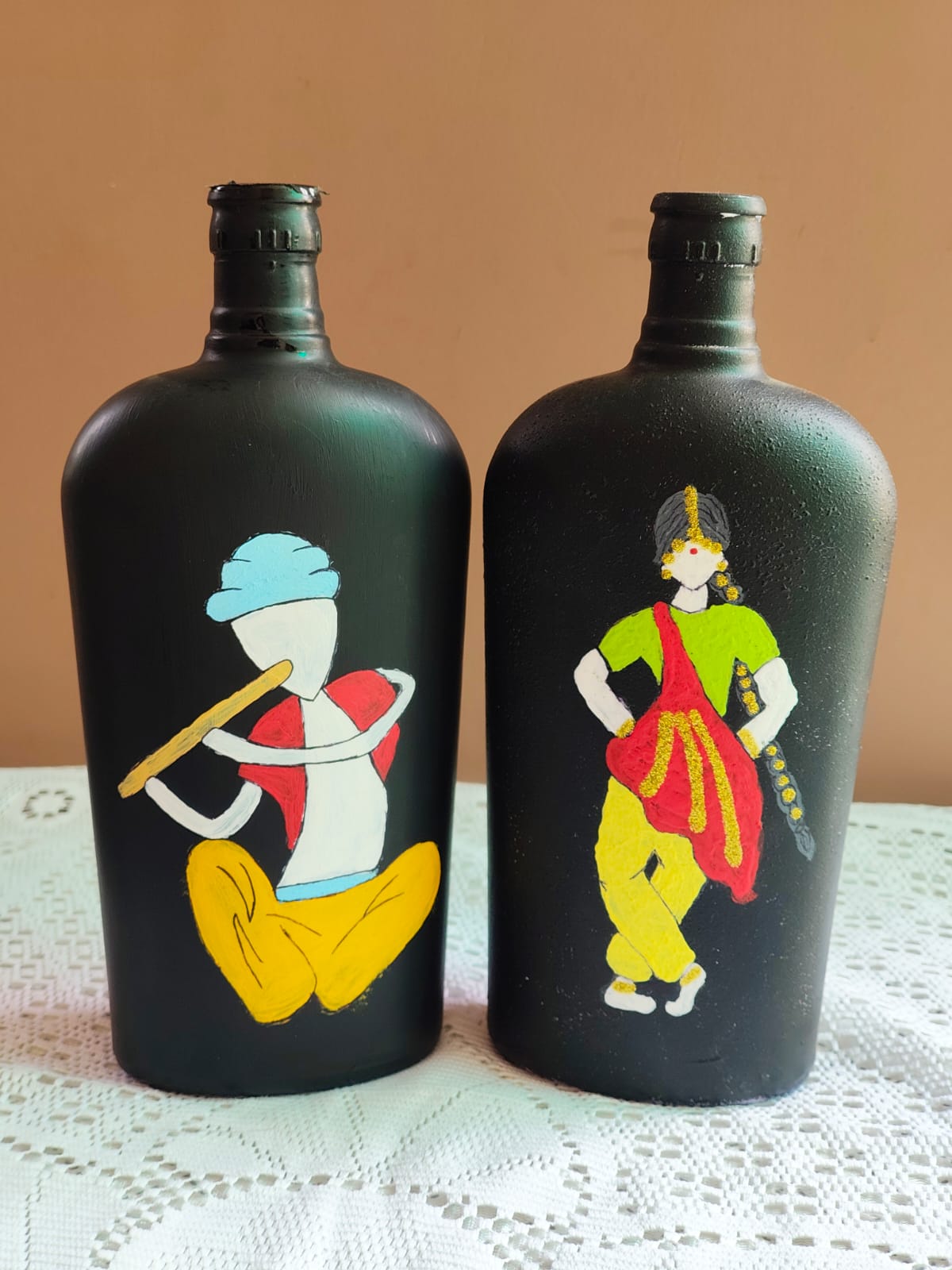 Folk Art Hand-Painted Bottle Set of 2