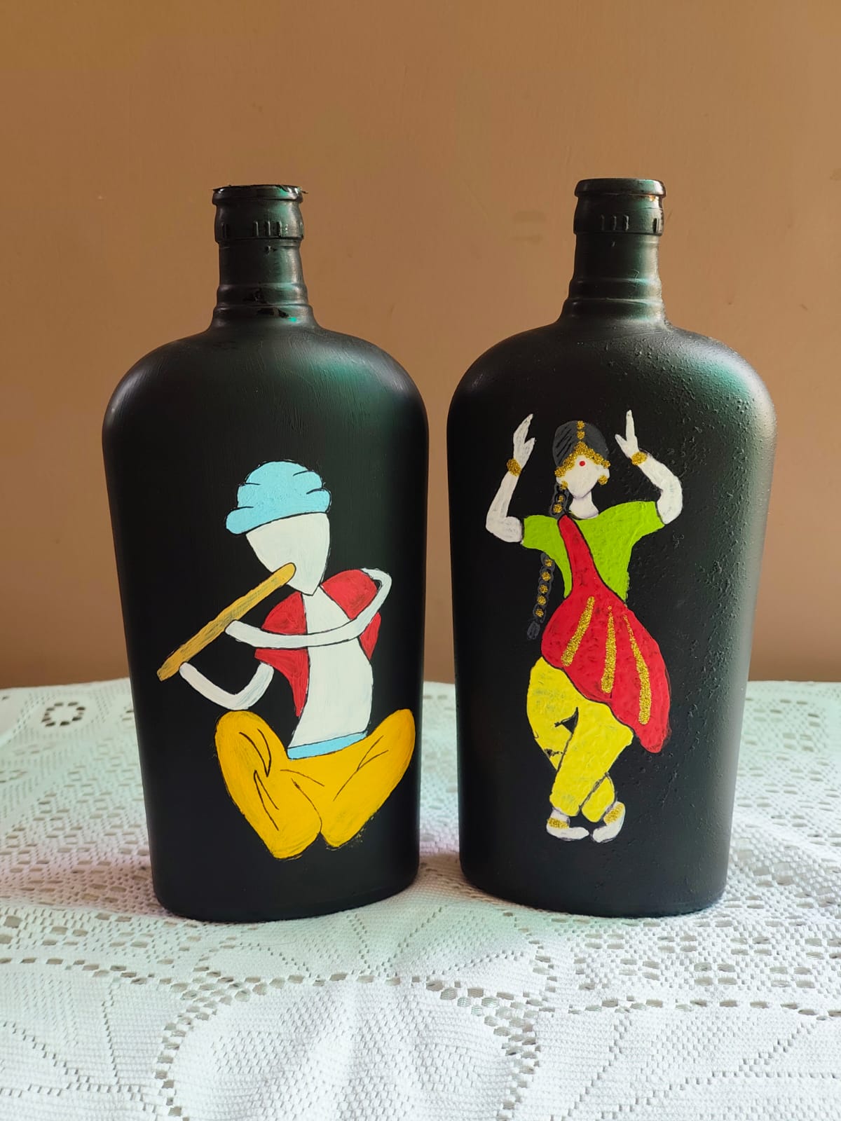 Folk Art Hand-Painted Bottle Set of 2