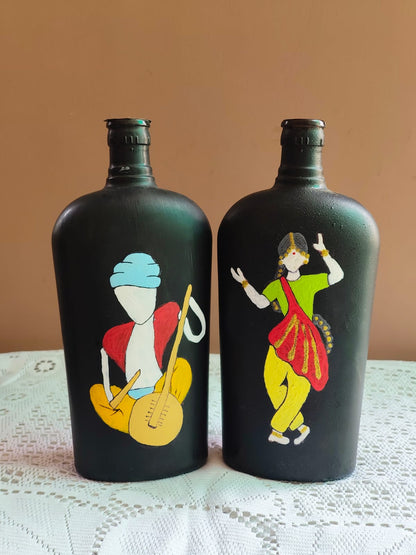 Folk Art Hand-Painted Bottle Set of 2
