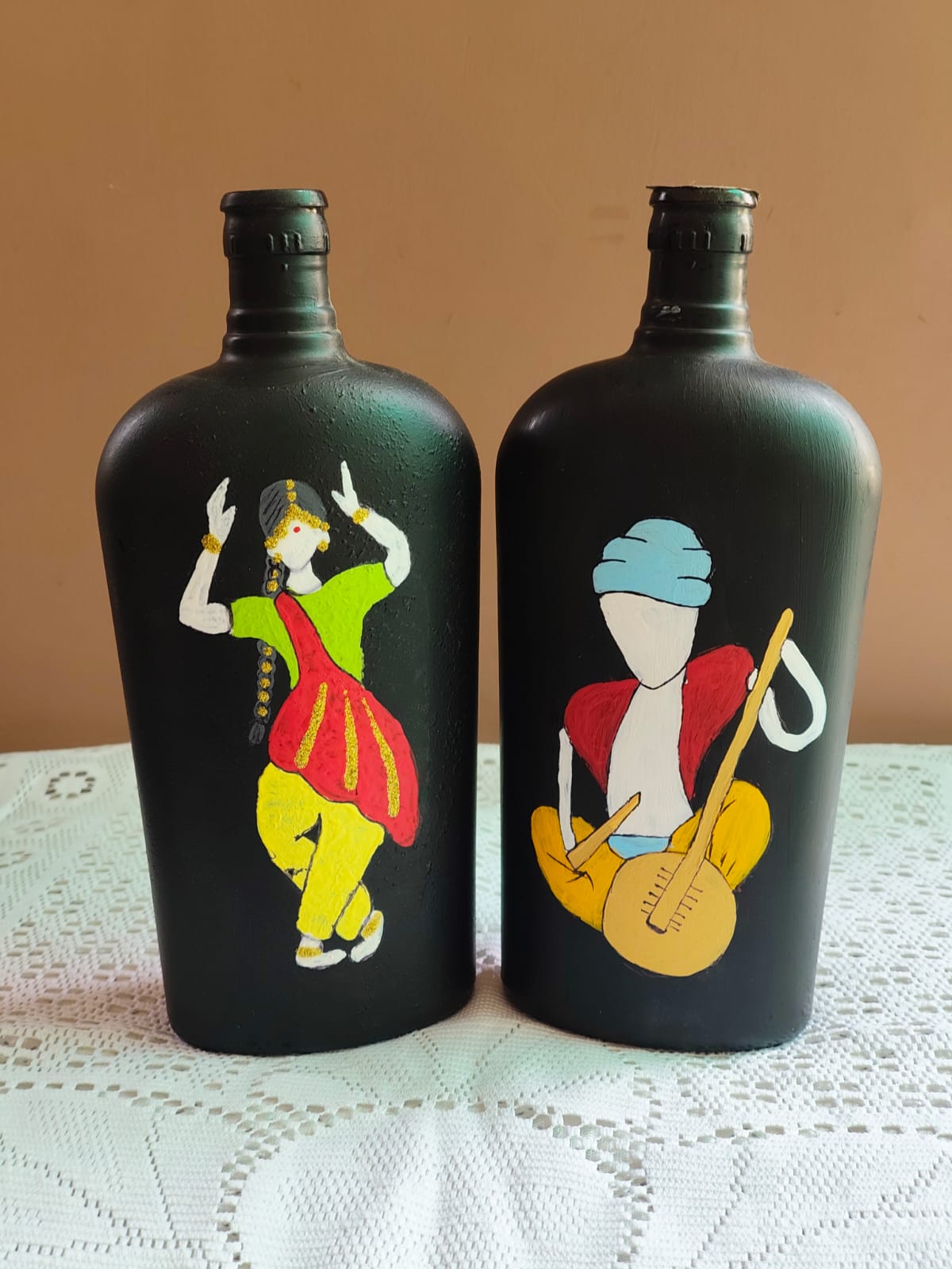 Folk Art Hand-Painted Bottle Set of 2