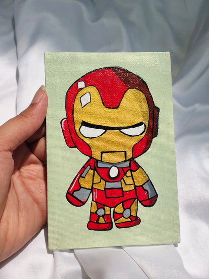 Hand-painted Iron Man hero canvas with vibrant acrylic artwork, perfect for Marvel wall decor, kids room decoration, and superhero lovers.