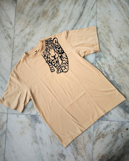 Premium beige hand-painted leopard T-shirt made with high-quality fabric colors.