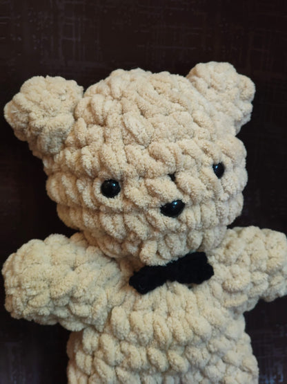 Soft cream crochet teddy bear plush made from premium blanket yarn for kids and home décor.
