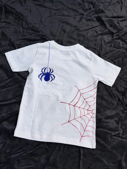 Hand-painted Spider-Man kids T-shirt back featuring a spider design with a red web pattern, handmade superhero cotton T-shirt for kids